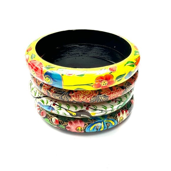 Hand-Painted Folk Art Wooden Bangle Bracelets Set of 4—Floral Designs—Like New - Picture 1 of 8